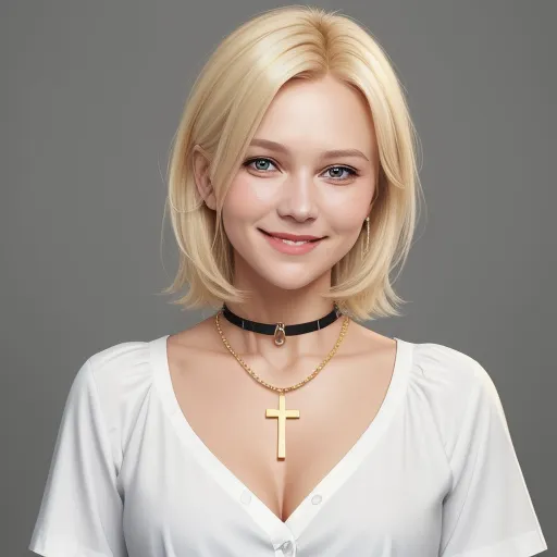 a woman with a cross necklace on her neck and a choker around her neck, smiling at the camera, by Terada Katsuya