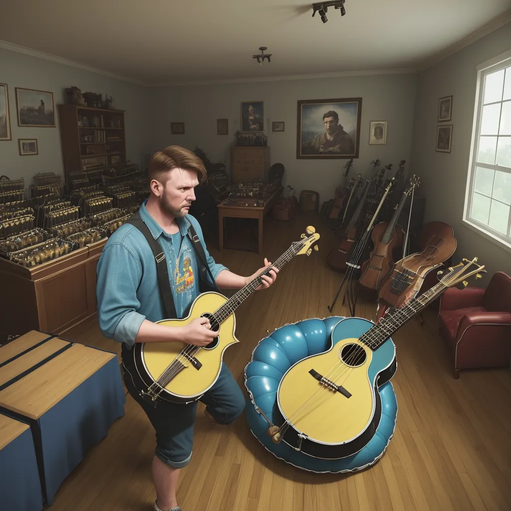 a man holding a guitar in a room with guitars on the floor and a blue inflatable chair, by Hendrik van Steenwijk I