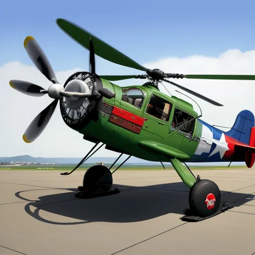 a green helicopter with a red, white and blue tail sitting on a runway with a sky background and clouds, by Ed Mell