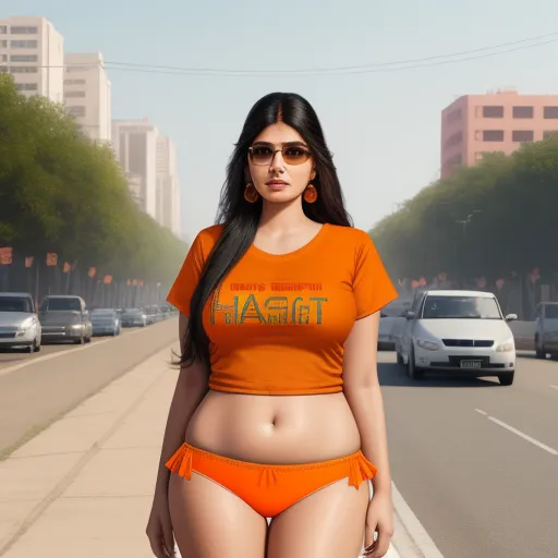 imagesize converter - a woman in an orange bikini and sunglasses is standing on the side of the road with a car behind her, by Hendrick Goudt