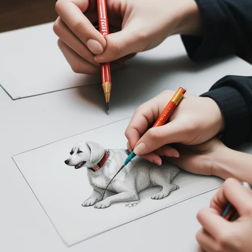 a person drawing a picture of a dog with a pencil and a marker on a paper with a dog on it, by Emily Murray Paterson