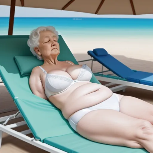 a woman in a white bikini laying on a beach chair with a blue umbrella over her head and a blue lounge chair with a blue umbrella, by Hendrick Goudt