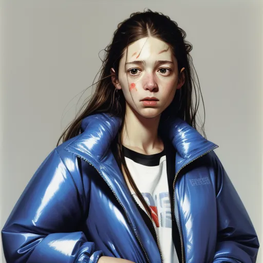 a woman in a blue jacket with a white face and a black shirt with a red spot on her face, by Gottfried Helnwein