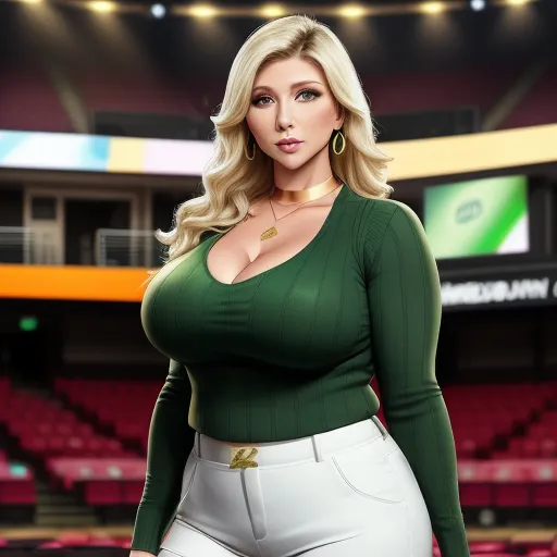 hd images - a woman in a green top and white pants in a stadium with a red seat and a green ceiling, by Edith Lawrence