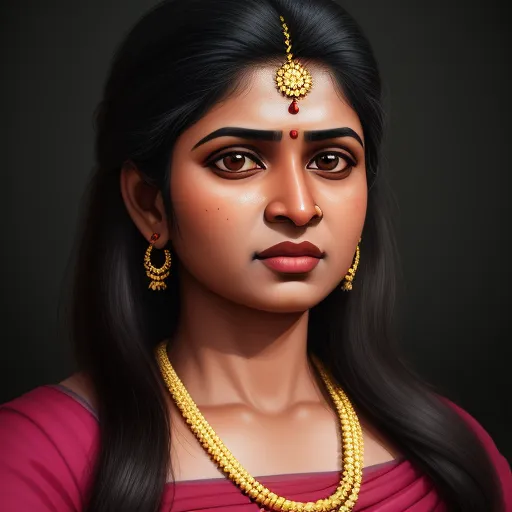 a woman with a necklace and earrings on her neck and a necklace on her neck, with a gold necklace and a red blouse, by Raja Ravi Varma