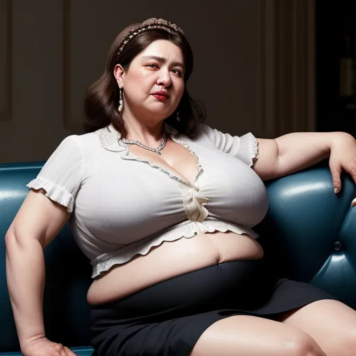ai text-to-image - a woman sitting on a couch with a big belly and a tiara on her head, wearing a white top and black skirt, by Botero