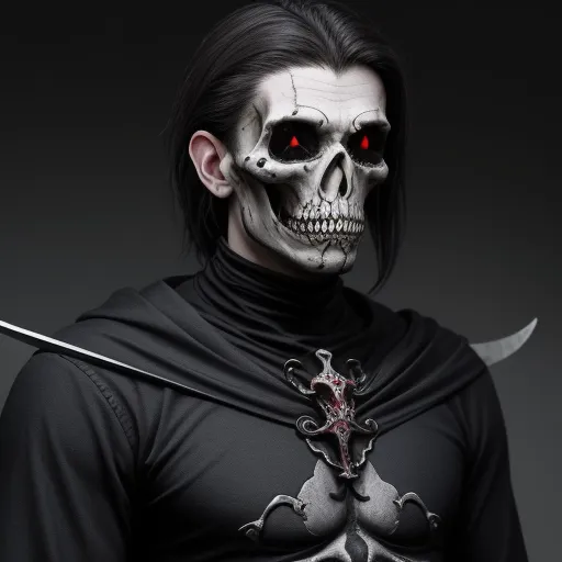 picture converter - a man with a skull face and sword in his hand, wearing a black outfit with red eyes and a skull head, by Heinrich Danioth