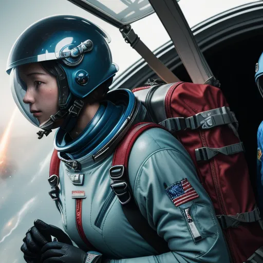 a woman in a space suit and helmet with a backpack on her back, and a man in a space suit with a rocket behind her, by Jeremy Geddes