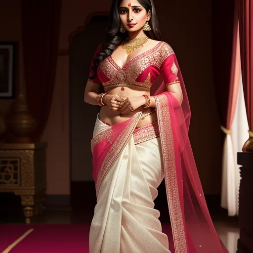 best photo ai enhancer - a woman in a white and red sari with a red blouse on her shoulders and a pink sari on her chest, by Raja Ravi Varma