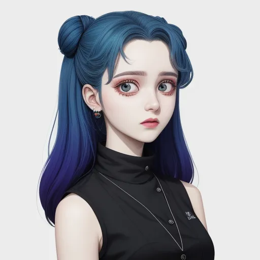 a woman with blue hair and a black top is wearing a black dress and a necklace with a diamond, by Sailor Moon