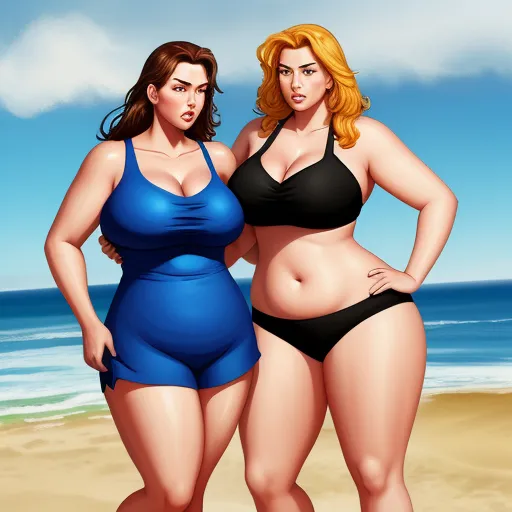 4k ultra hd photo converter - two women in swimsuits standing on a beach next to the ocean, one of them is fat, by Hanna-Barbera