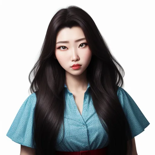 a woman with long black hair and a blue shirt on a white background with a red belt around her waist, by Hsiao-Ron Cheng