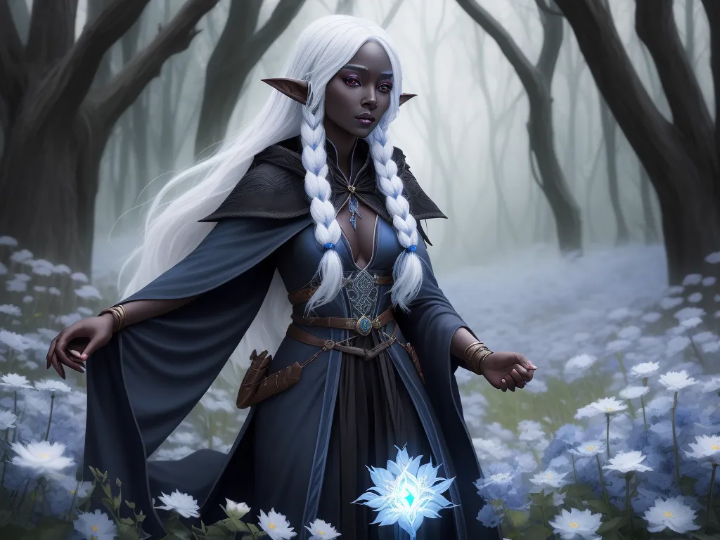 make any photo hd - a woman with white hair and a white braid standing in a forest with flowers and trees in the background, by Lois van Baarle