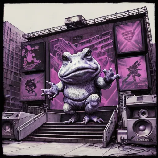a frog is standing on a set of stairs in front of a building with a purple background and a speaker, by Craola