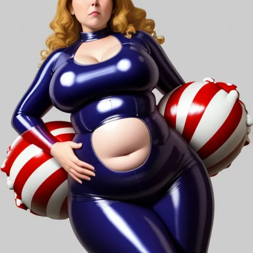 a woman in a blue latex outfit with a large belly and large breasts holding a large red and white striped ball, by Botero