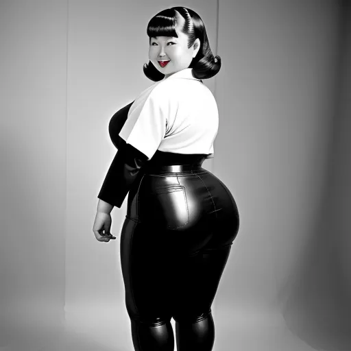 change photo resolution - a woman in a black and white outfit posing for a picture with her hands on her hips and her right leg in a tight black leather skirt, by Terada Katsuya