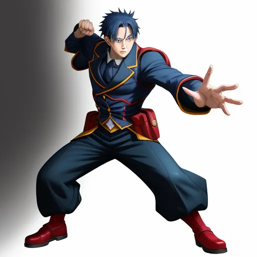 a man in a blue uniform is doing a kick pose with his hands out and his arms out in the air, by Baiōken Eishun