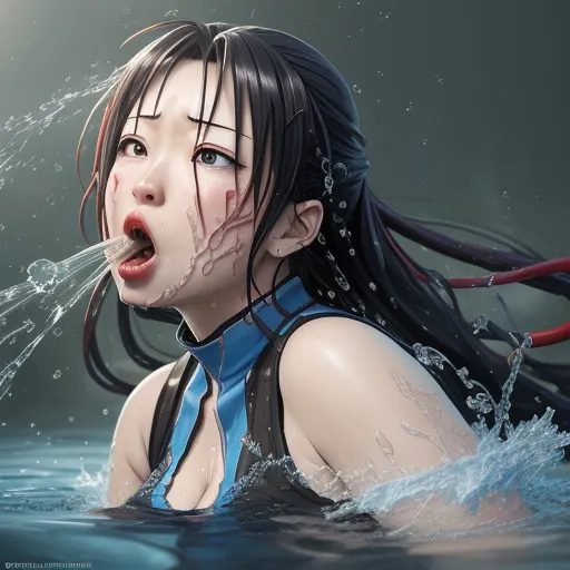 a woman in the water with her mouth open and water spraying out of her mouth and her hair blowing back, by Hanabusa Itchō