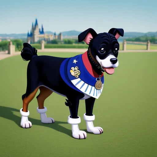 a dog in a blue shirt and white boots standing on a green field with a castle in the background, by Hanna-Barbera