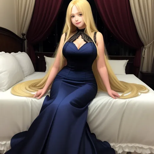 a woman in a blue dress sitting on a bed with a long blonde hair and a black collared top, by Hiromu Arakawa