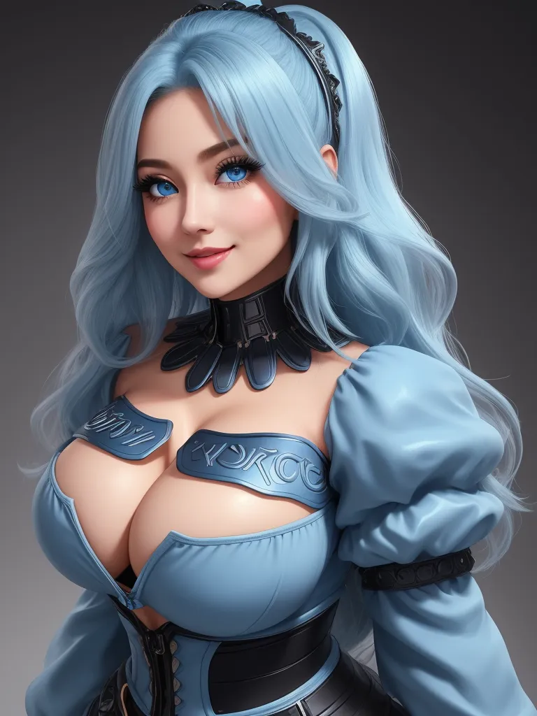 4k quality picture converter - a woman with blue hair and a blue dress is posing for a picture with her breasts exposed and a black collar, by Terada Katsuya