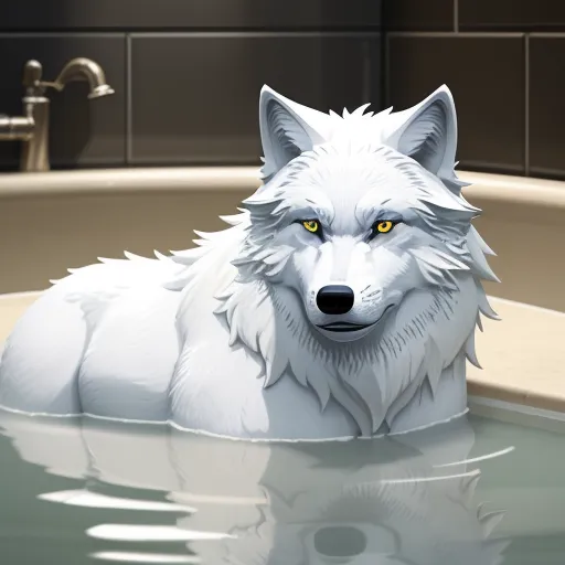 a white wolf is sitting in a bathtub with a faucet and a sink faucet, by NHK Animation