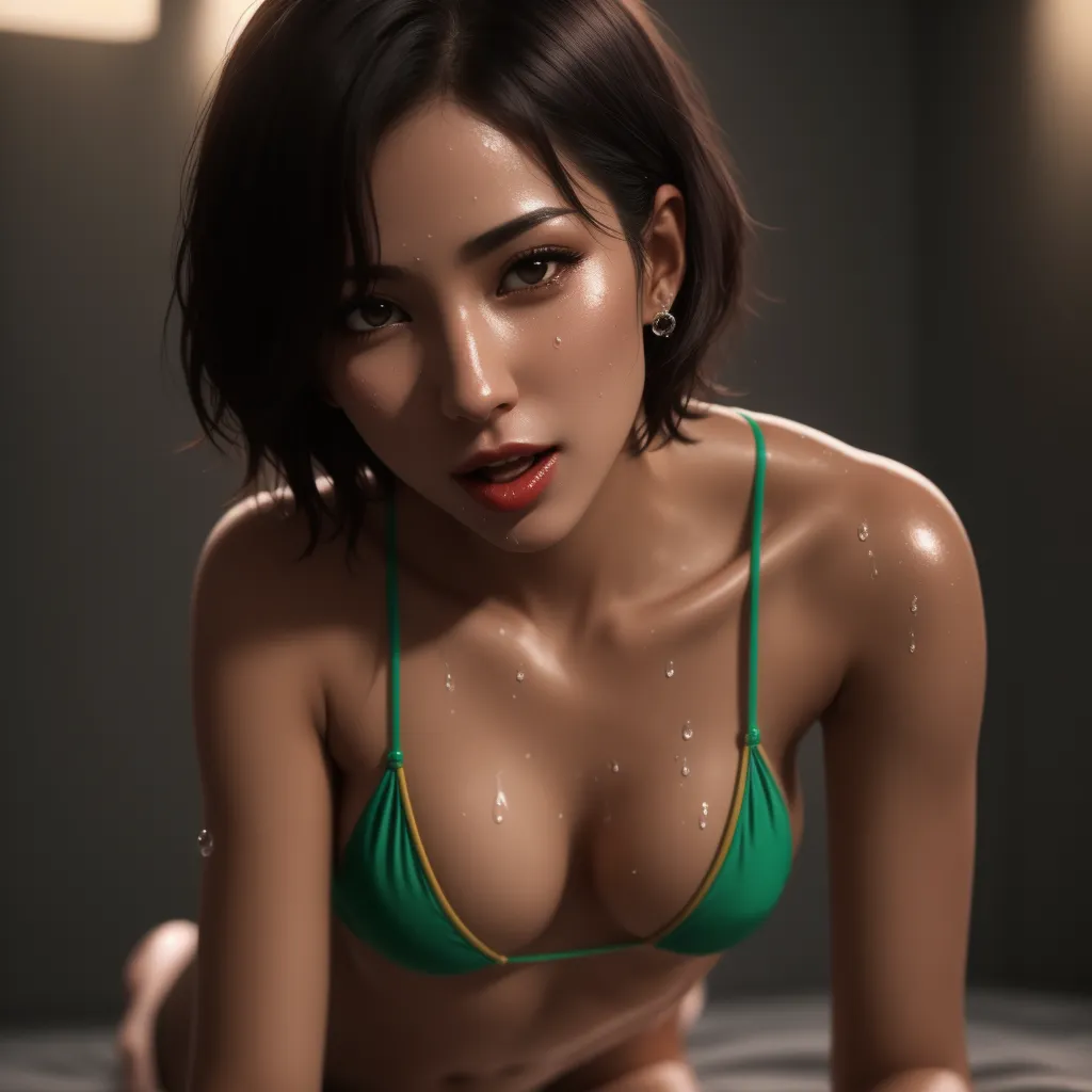 image ai generator from text - a woman in a green bikini laying on a bed with her hand on her chest and her eyes closed, by Chen Daofu