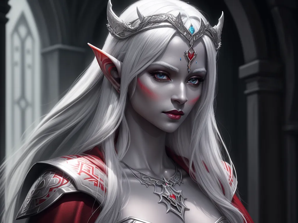 ai image generation - a woman with white hair and a red cape and a crown on her head and a sword in her hand, by Daniela Uhlig