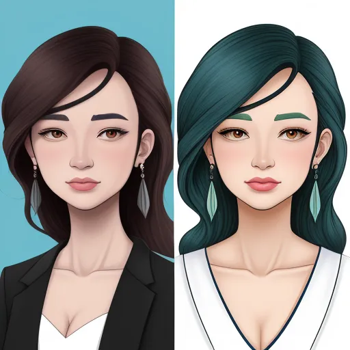 ai text to image generator - two women with green hair and one with brown eyes and one with blue hair and green hair and one with brown eyes, by Lois van Baarle