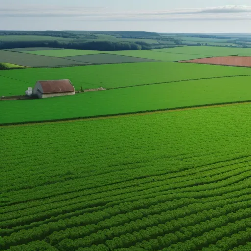 a farm with a house in the middle of a field of crops and a farm in the distance with a sky background, by Andreas Gursky