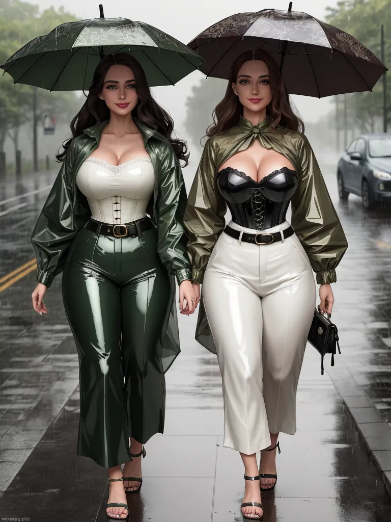 free ai photo - two women in shiny outfits walking down a street in the rain with umbrellas over their heads and one holding a purse, by Hendrick Goudt