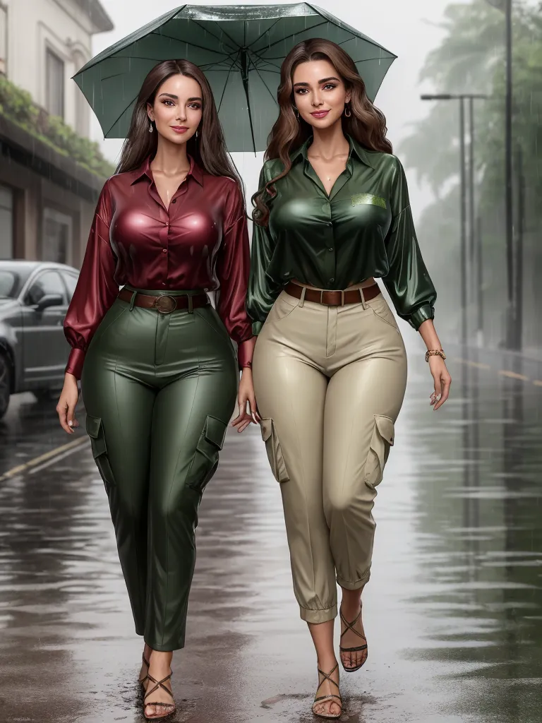 low res image to high res - two women walking down a street in the rain with an umbrella over their heads and one holding a purse, by Hendrick Goudt