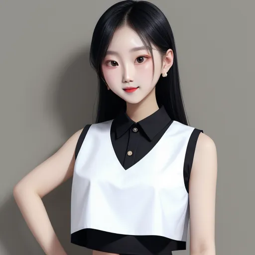 ai upscaler - a woman with long black hair wearing a white and black top and black pants and a black and white collar, by Chen Daofu