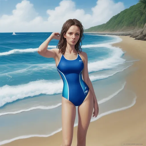 turn photo to 4k - a painting of a woman in a blue swimsuit on a beach with a sailboat in the background, by Daniela Uhlig
