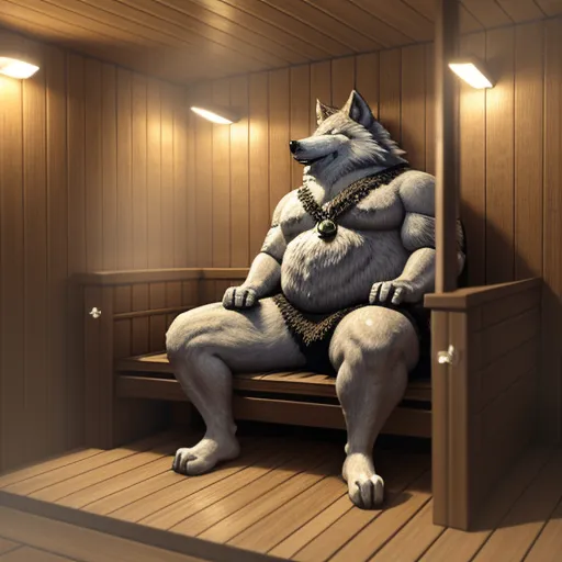 a painting of a man sitting on a bench in a sauna room with a wolf on the bench, by Studio Ghibli