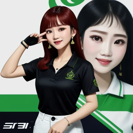 how to change image resolution - a woman with red hair and a black shirt and white pants and a green and white background with a green and white logo, by Chen Daofu