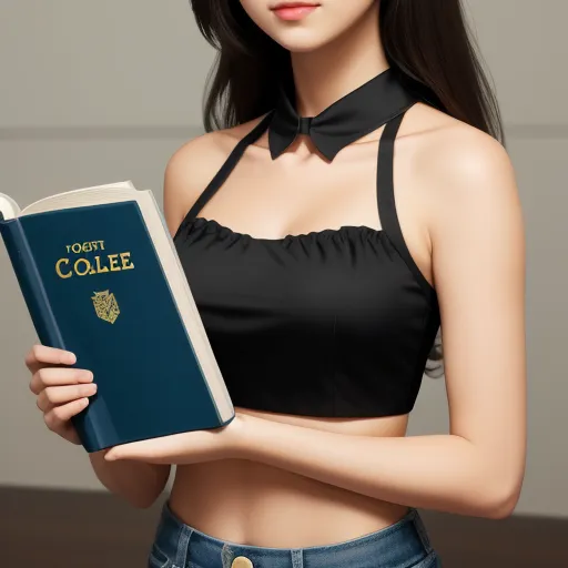 a woman holding a book with a black top on her shoulders and a black tie around her neck,, by Sailor Moon