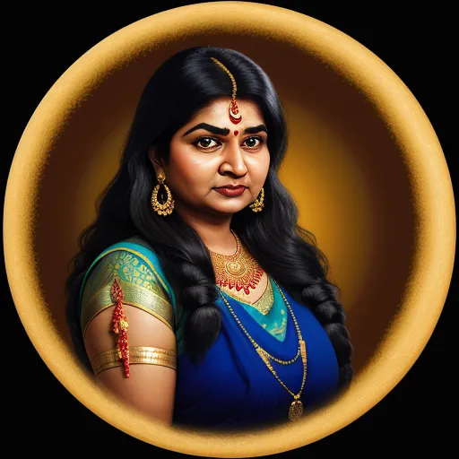 a painting of a woman in a blue sari and gold jewelry, with a black background, in a circle, by Raja Ravi Varma