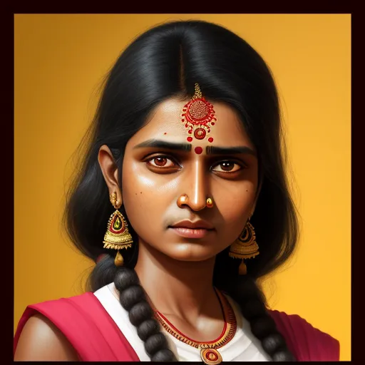 a painting of a woman with a red and gold necklace and earrings on her head and a yellow background, by Raja Ravi Varma