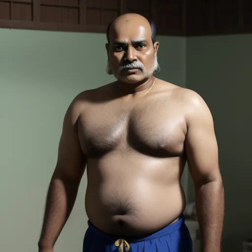 ai based photo editor - a man with a bald head and no shirt on standing in a room with a mirror behind him and a towel on his chest, by Gatōken Shunshi