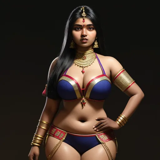 a woman in a bikini and gold jewelry poses for a photo shoot in a dark background with a black backdrop, by Raja Ravi Varma