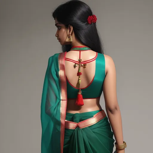 a woman in a green sari with a red tassel on her neck and a red tassel on her back, by Raja Ravi Varma