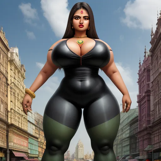 image from text ai - a woman in a black and green outfit standing in a city street with buildings and a sky background with clouds, by Botero