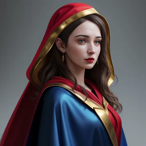a woman dressed in a blue and red cape and a red and gold hoodie with a gold ring, by François Louis Thomas Francia