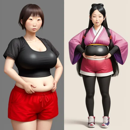 a woman in a black top and a woman in a pink top and red shorts with a belly bag, by Terada Katsuya