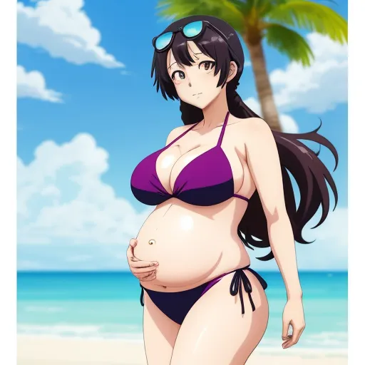 images high resolution - a pregnant woman in a bikini on the beach with a palm tree in the background and a blue sky, by Toei Animations