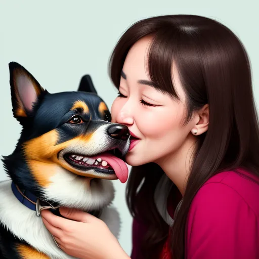 image to 4k - a woman kissing a dog with her tongue out and tongue out, with a dog's face close to her mouth, by Hsiao-Ron Cheng