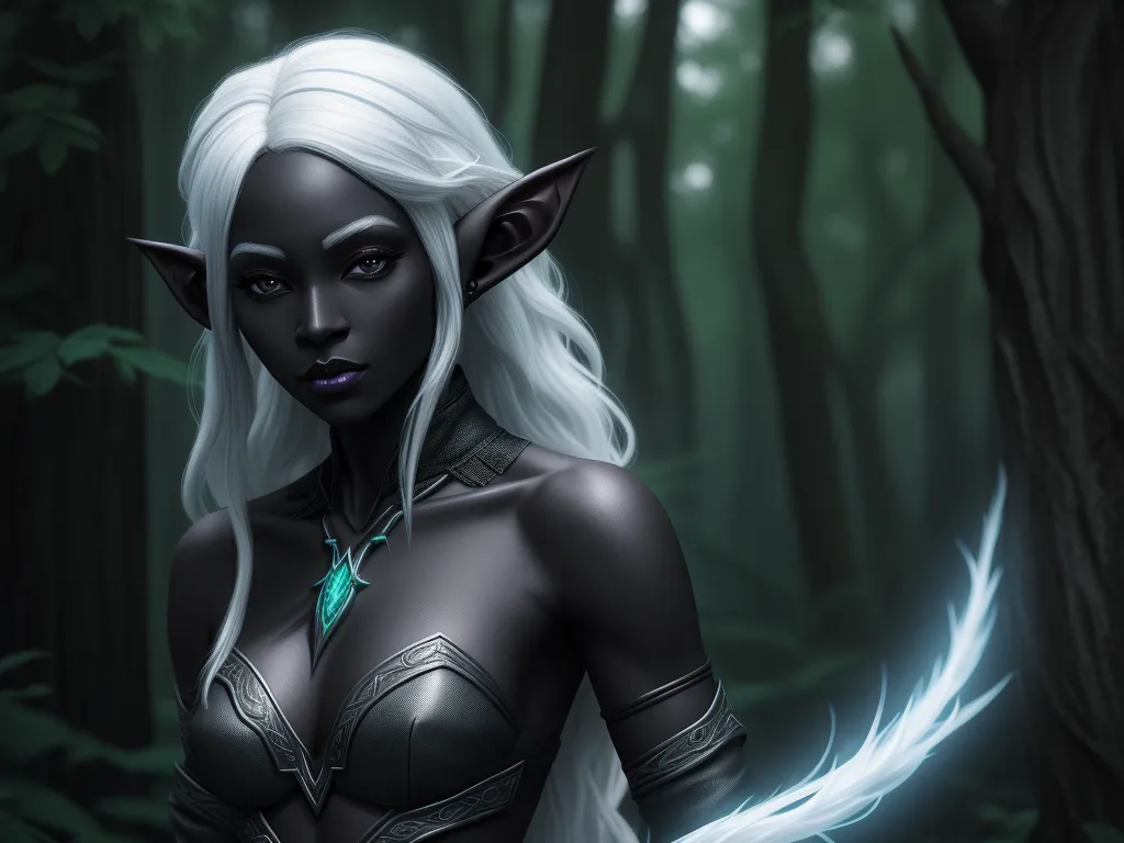 convert to 4k photo - a woman with white hair and a green necklace in a forest with trees and leaves on her chest and a green necklace on her neck, by Lois van Baarle