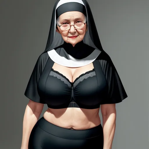 animated image ai - a woman in a nun costume is posing for a picture with her breasts exposed and a nun outfit on, by Saturno Butto