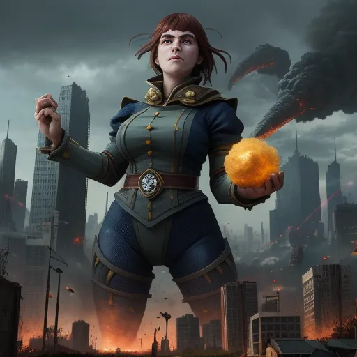 ai generated images from text - a woman in a futuristic suit holding a ball in her hands and a city in the background with smoke, by Amandine Van Ray